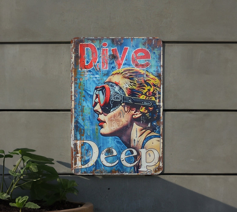 a metal sign with a picture of a man wearing goggles