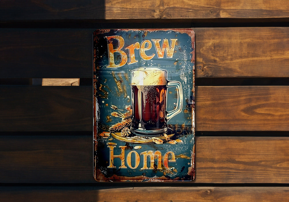 a metal sign with a glass of beer on it