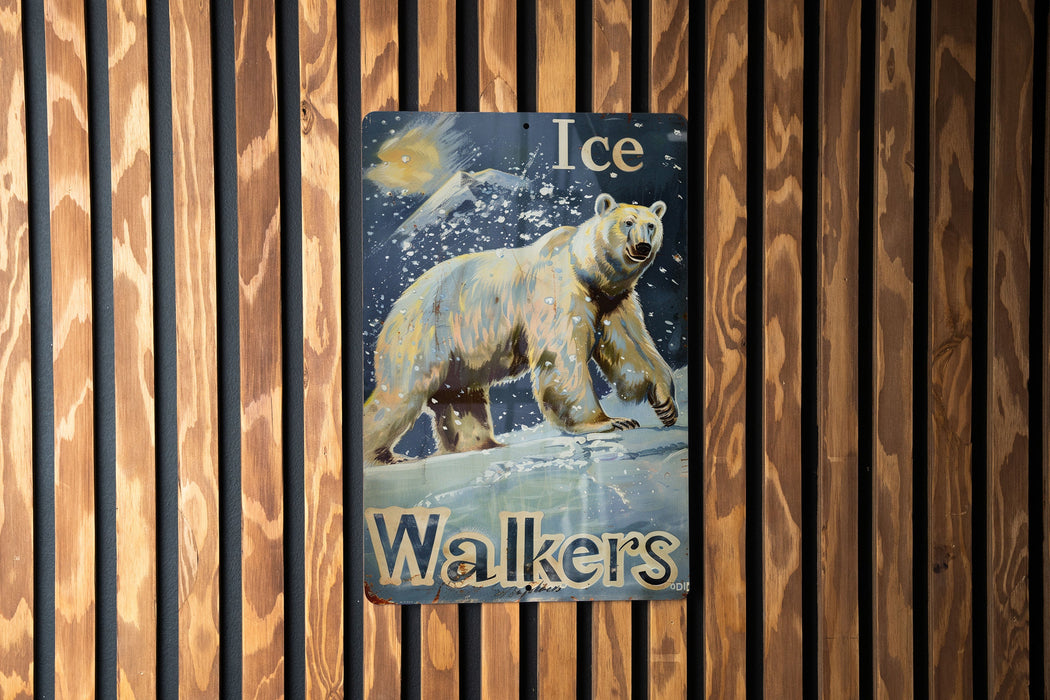a picture of a polar bear on a wooden wall