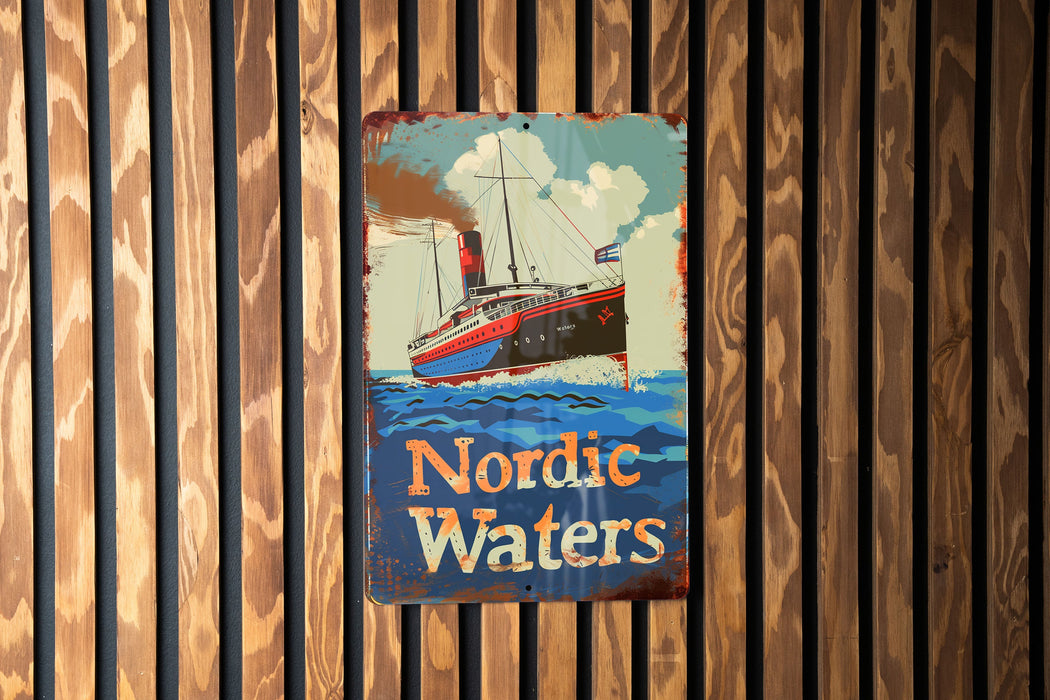 a sign on a wooden wall that says nordic waters