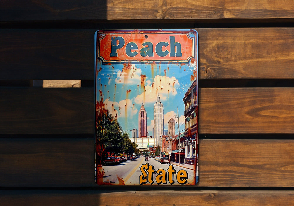 a metal sign that reads peach state on a wooden bench