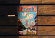 a metal sign that reads peach state on a wooden bench