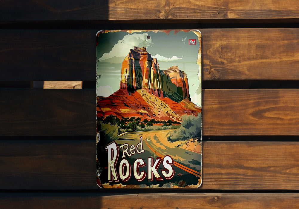 a metal sign that reads red rocks on a wooden bench