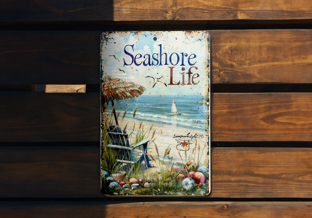 a wooden bench with a sign that says seashore life