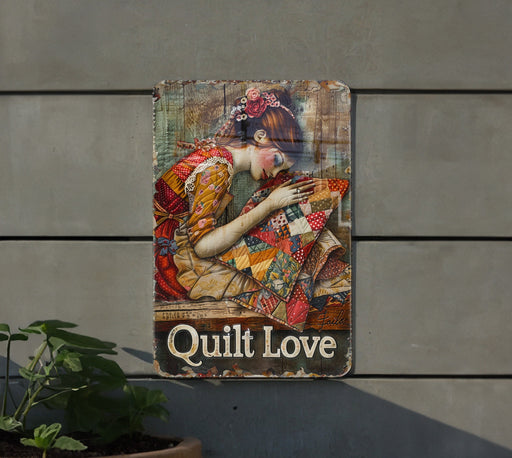 a picture of a woman with a quilt on it