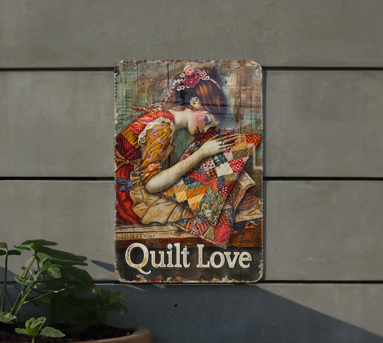 a picture of a woman with a quilt on it
