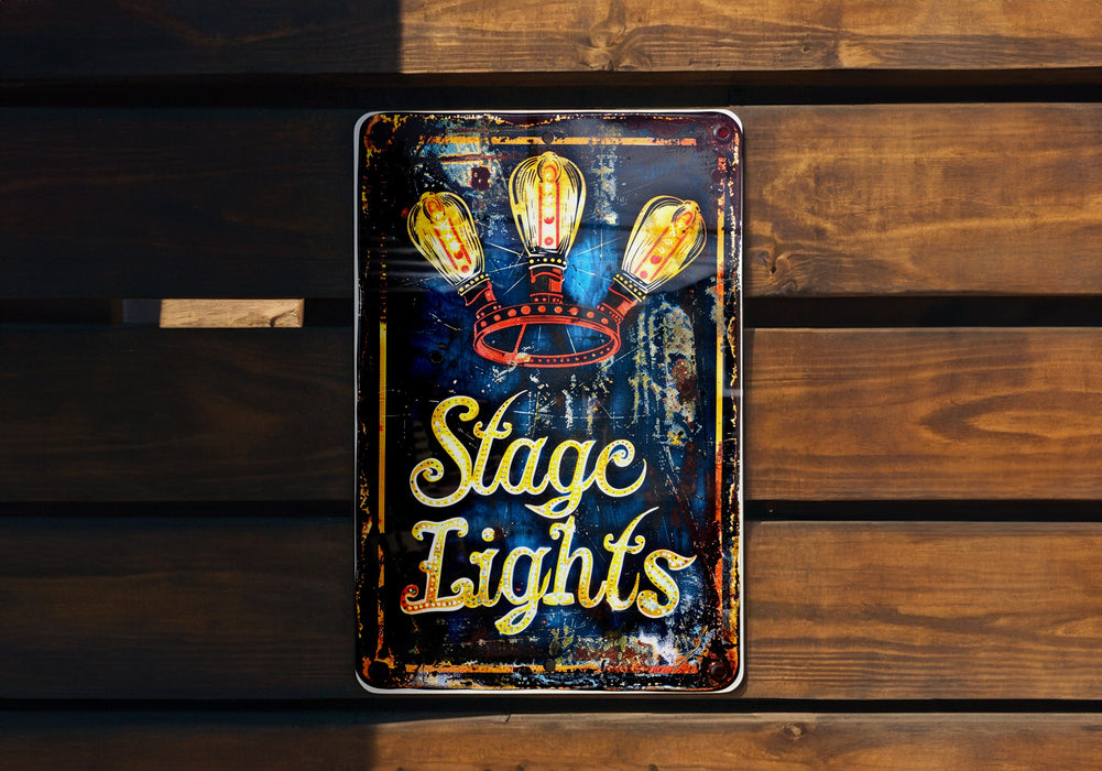a sign on a wooden wall that says stage lights