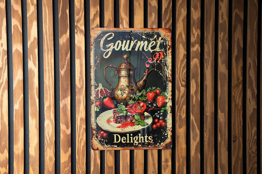 a sign on a wooden wall advertising gourmet delights