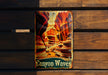 a sign on a wooden bench that says canyon waves