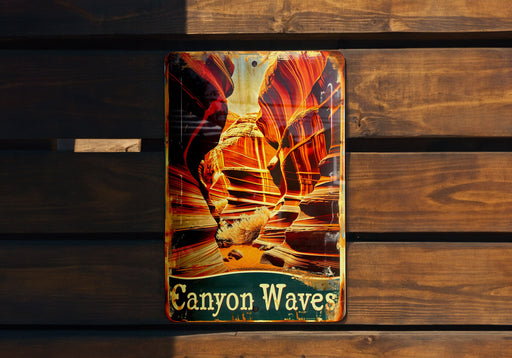 a sign on a wooden bench that says canyon waves
