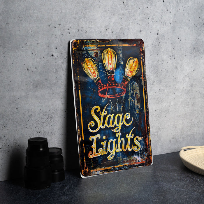 a metal sign that says stage lights on it