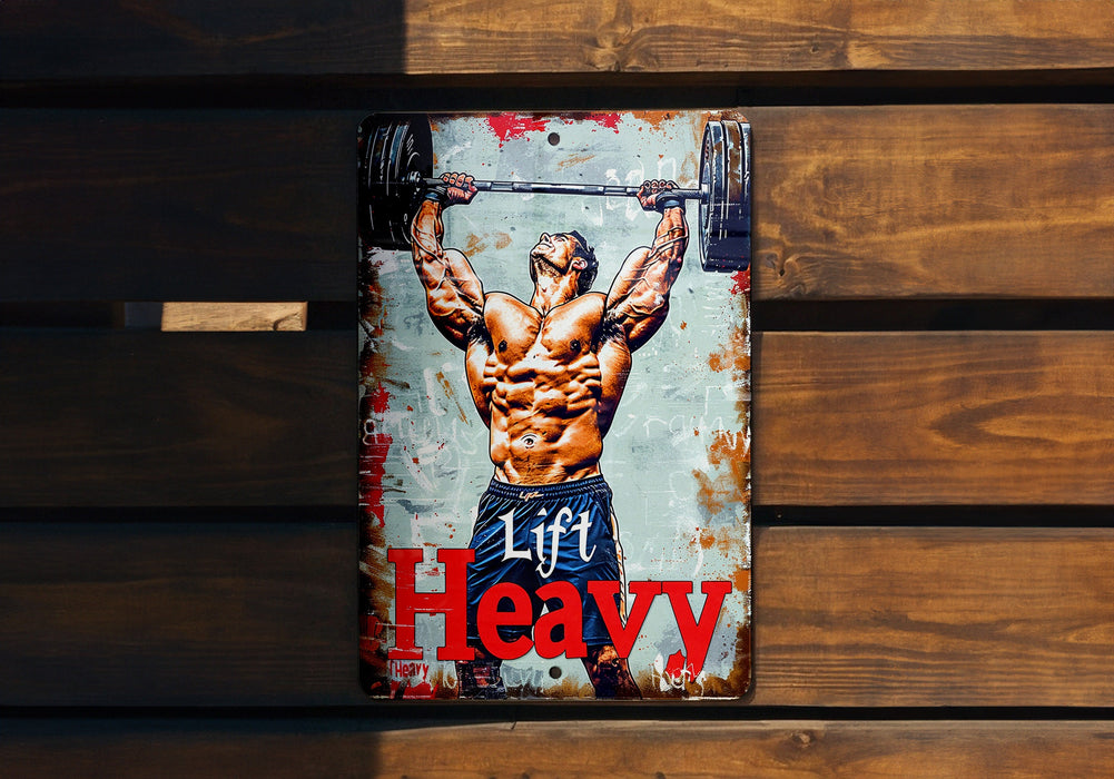 a sign with a picture of a man holding a barbell