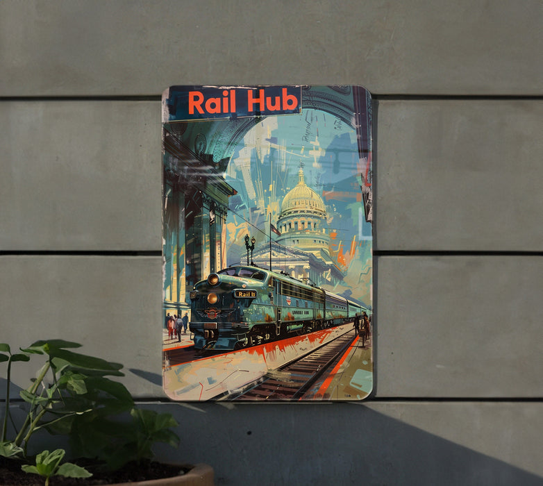 a poster of a train on the side of a building