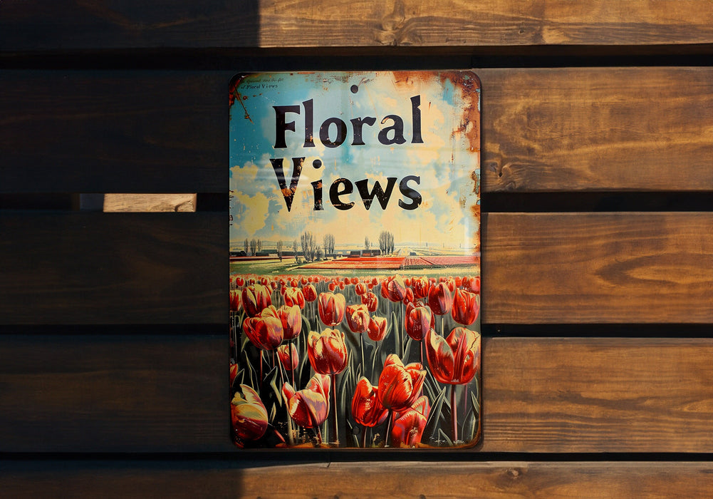 a sign on a wooden bench that says floral views