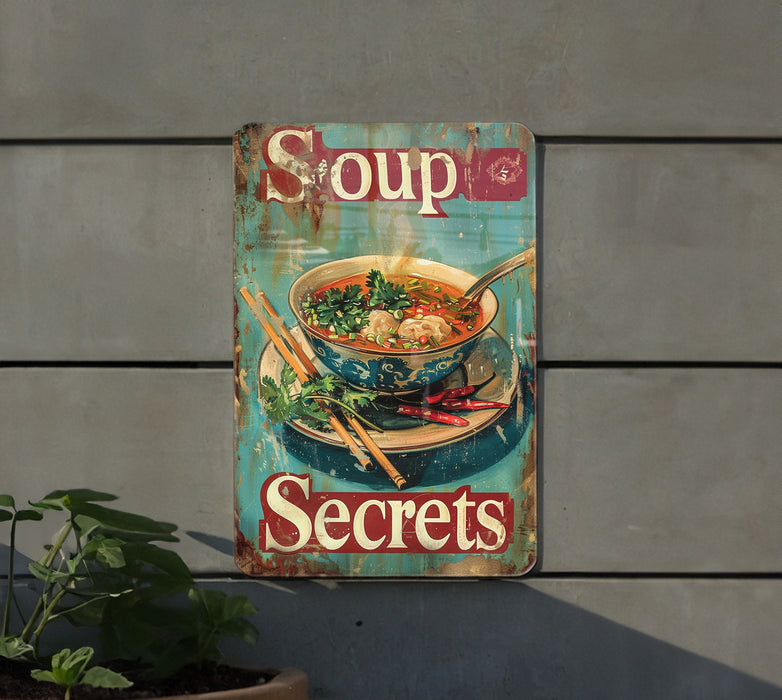 a soup sign hanging on the side of a building