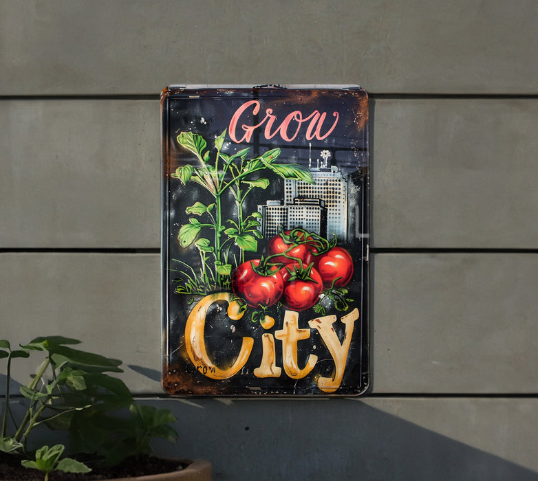 a sign on the side of a building that says grow city