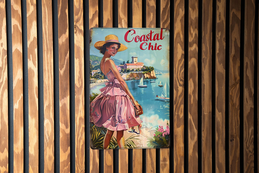 a poster of a woman in a pink dress on a wooden wall