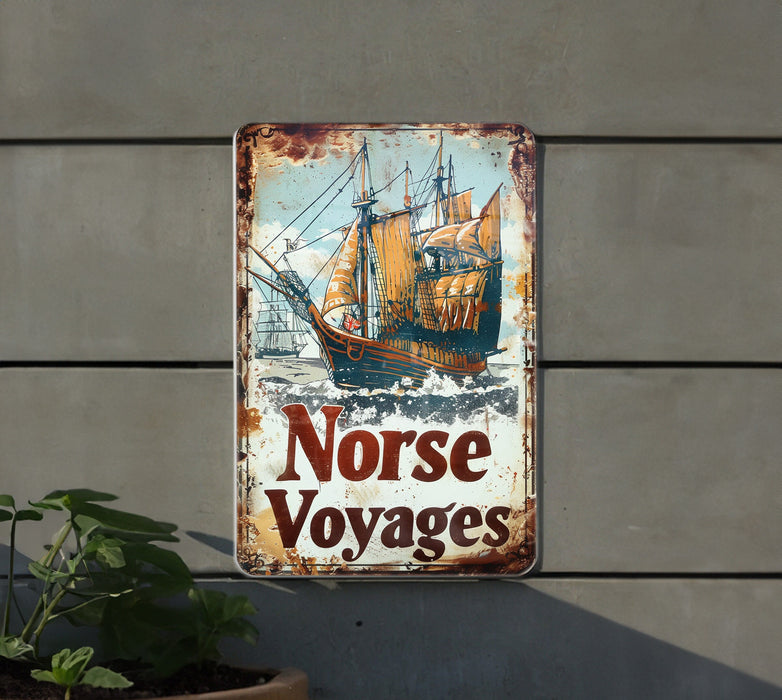 a rusted sign that says norse voyages on it