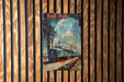 a poster of a train on a wooden wall