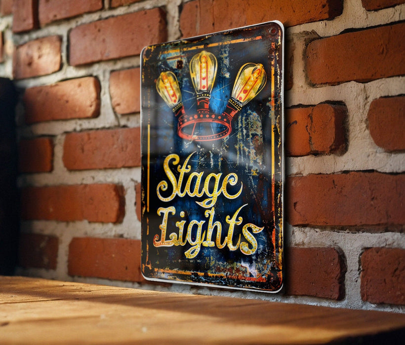 a sign on a brick wall that says stage lights