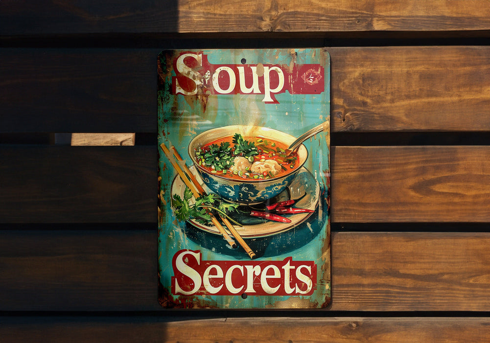 a sign advertising soup on a wooden wall
