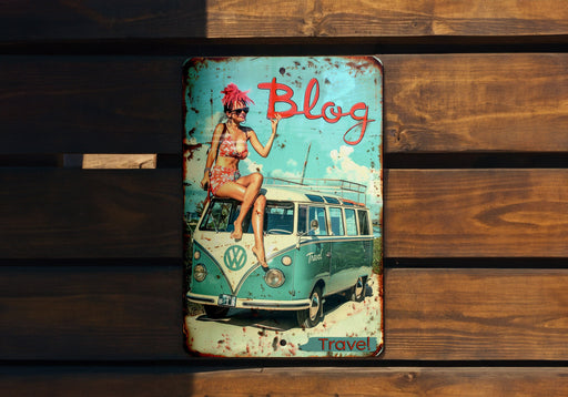 a metal sign with a woman sitting on top of a vw bus
