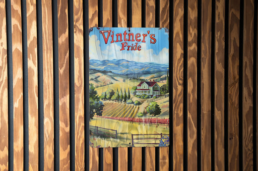 a painting of a farm scene on a wooden fence