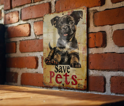 a picture of a dog on a sign on a brick wall