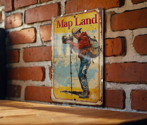 a map land sign on a brick wall