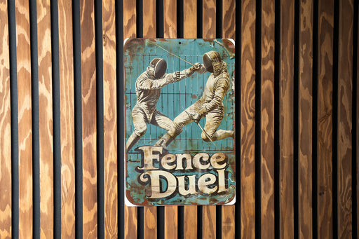 a sign on a wooden wall that says fence duel