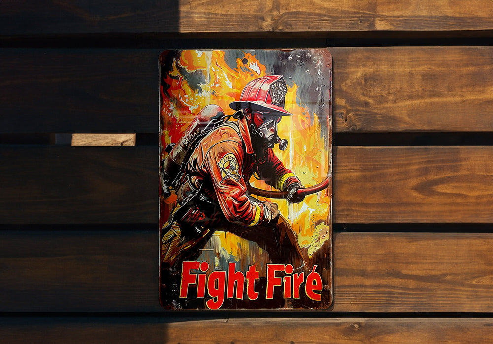 a fire fighter poster on a wooden bench