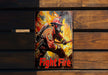a fire fighter poster on a wooden bench