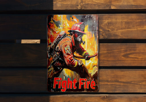 a fire fighter poster on a wooden bench