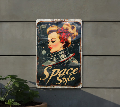 a metal sign with a woman's face on it