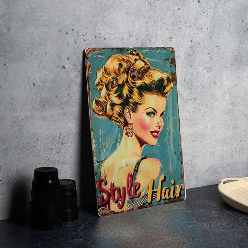 a picture of a woman's hair on a metal sign