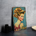 a picture of a woman's hair on a metal sign