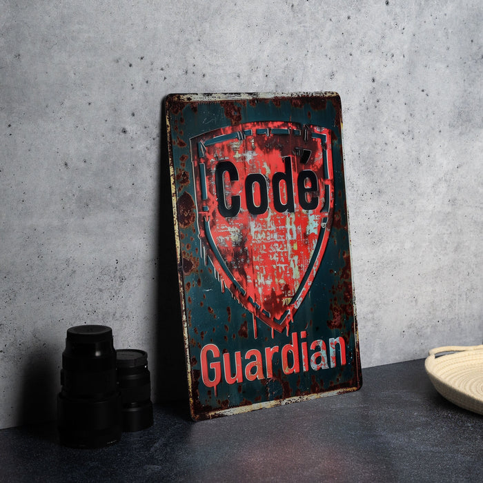 a red and black sign sitting on top of a table