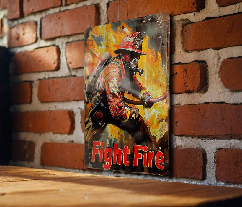 a picture of a fire fighter on a brick wall