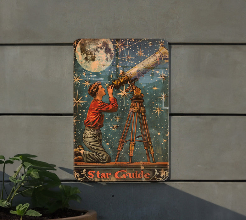 a painting of a man looking through a telescope