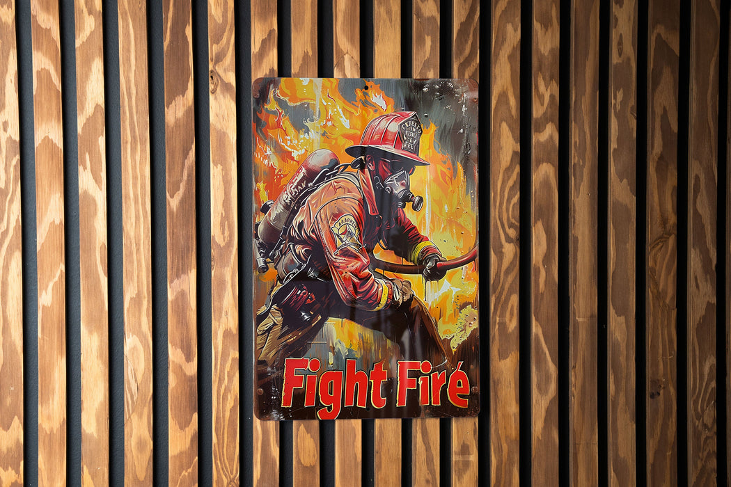 a poster of a firefighter on a wooden wall