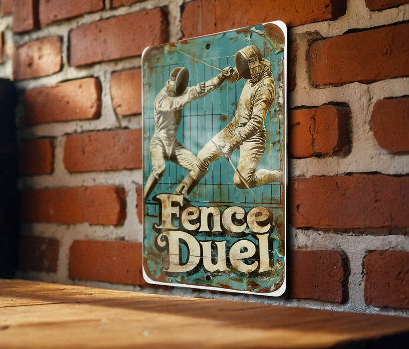 a sign on a brick wall that says fence duel