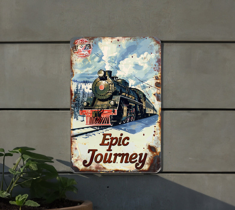 a metal sign with a train on it