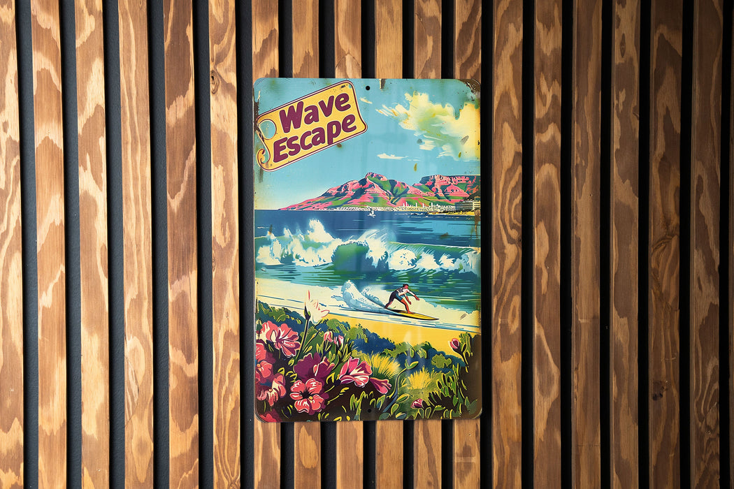 a surfboarder riding a wave on a wooden wall