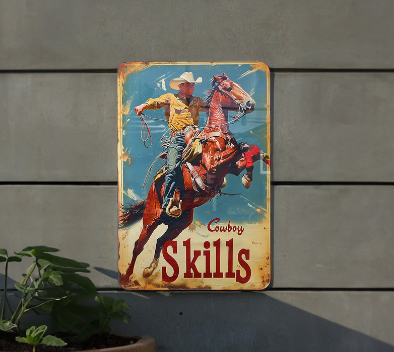 a sign on the side of a building that says cowboy skills