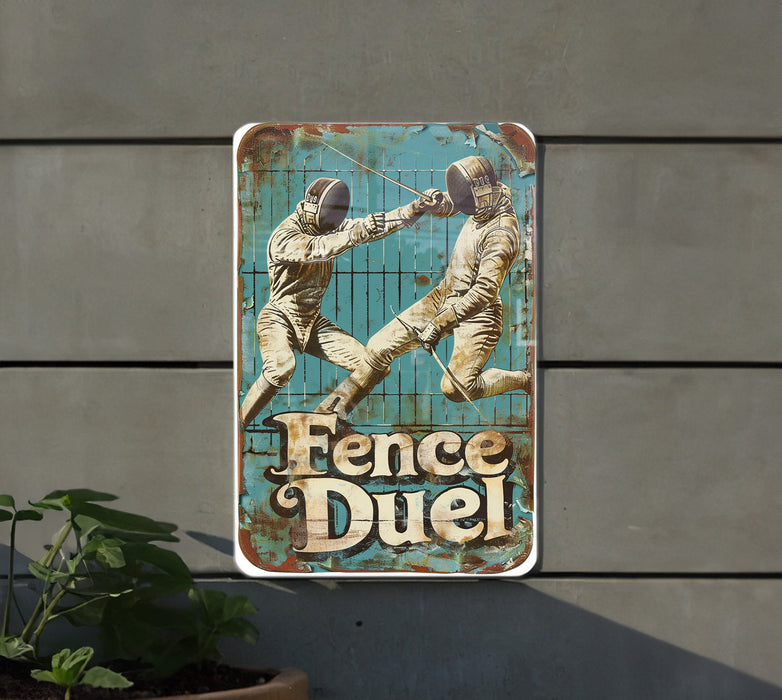 a sign that says fence duel on a wall