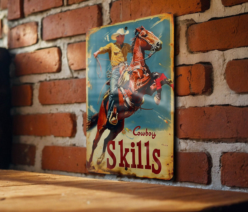 a picture of a cowboy on a horse on a brick wall