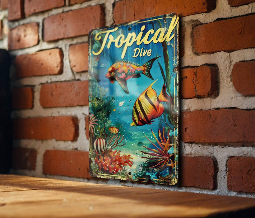 a picture of a tropical dive sign on a brick wall