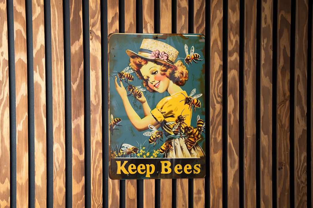 a picture of a woman with bees on a wall