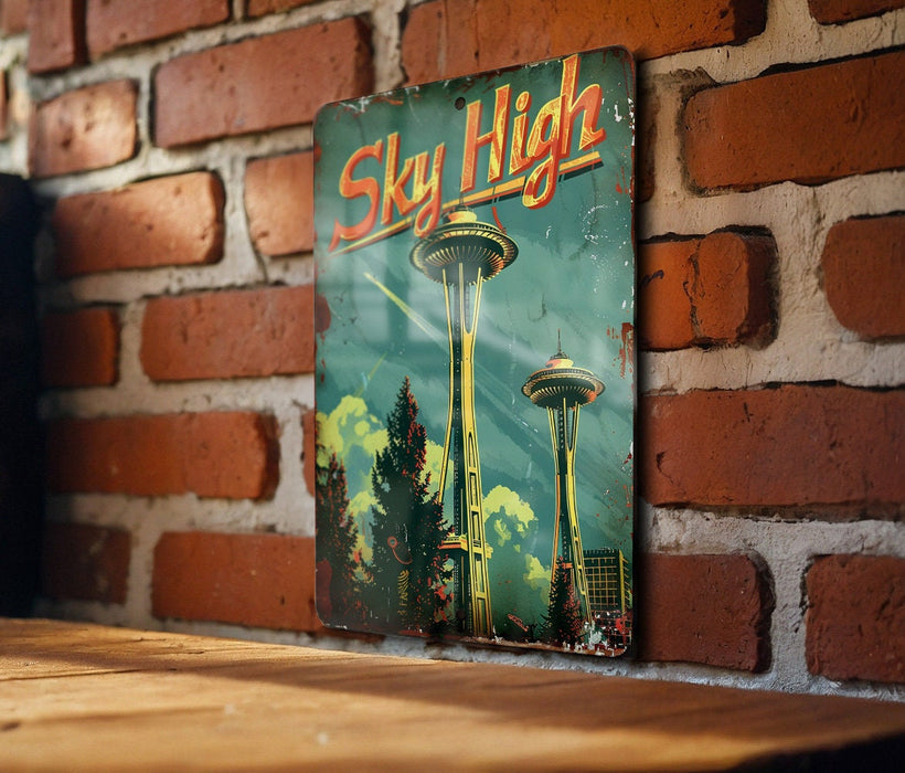 a sign on a brick wall that says sky high