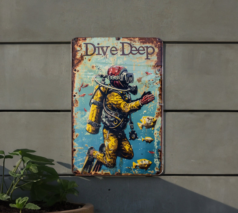 a sign on the side of a building that says dive deep